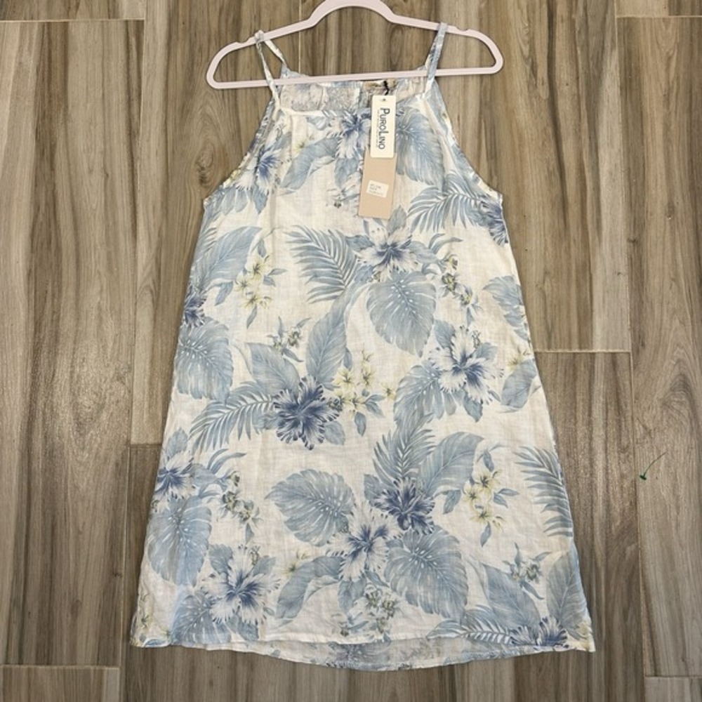 Lungo L'arno Linen Mini Midi White‎ Dress Size Medium Tropical Floral Resort